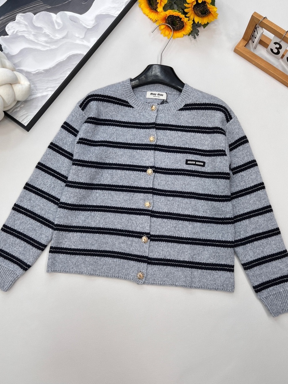 Miu Miu Gray and Black Striped Button Cardigan